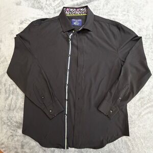 Society of Threads Mens Black Stretch Floral Trim Button Down Shirt Large L